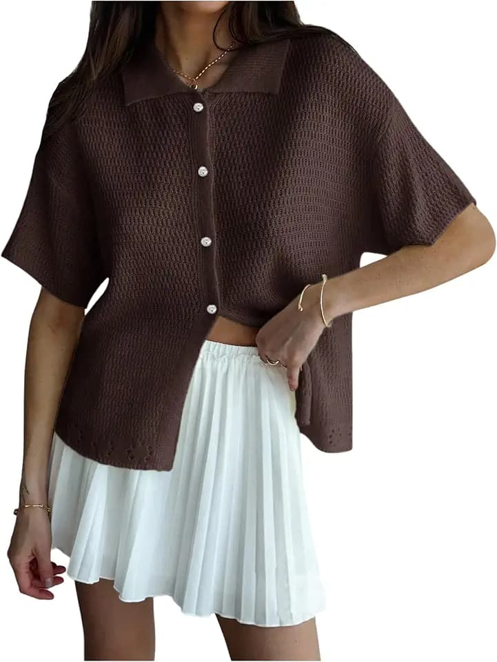 MakeMeChic Women's Short Sleeve Collared Cardigan Button Down Fall Sweaters