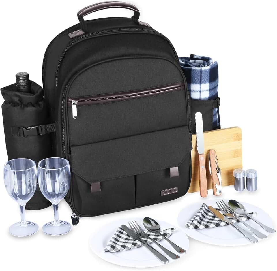 Sunflora Picnic Backpack for 2 Person, Picnic Basket Set (Black)