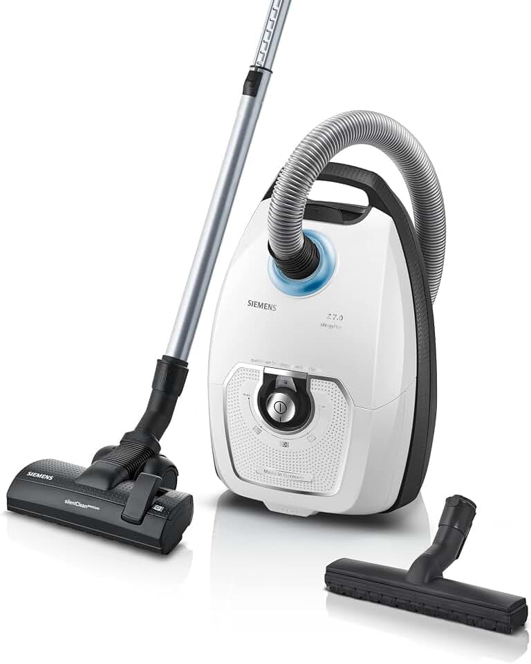 Siemens Staubsauger mit Beutel Z 7.0 VSZ7442S, ideal für Allergiker, Hygiene-Filter Plus, extrem leise, Bodendüse für Parkett, Teppich, Fliesen, langes Kabel, XXL-Polsterdüse, Fugendüse, 650 W, weiß