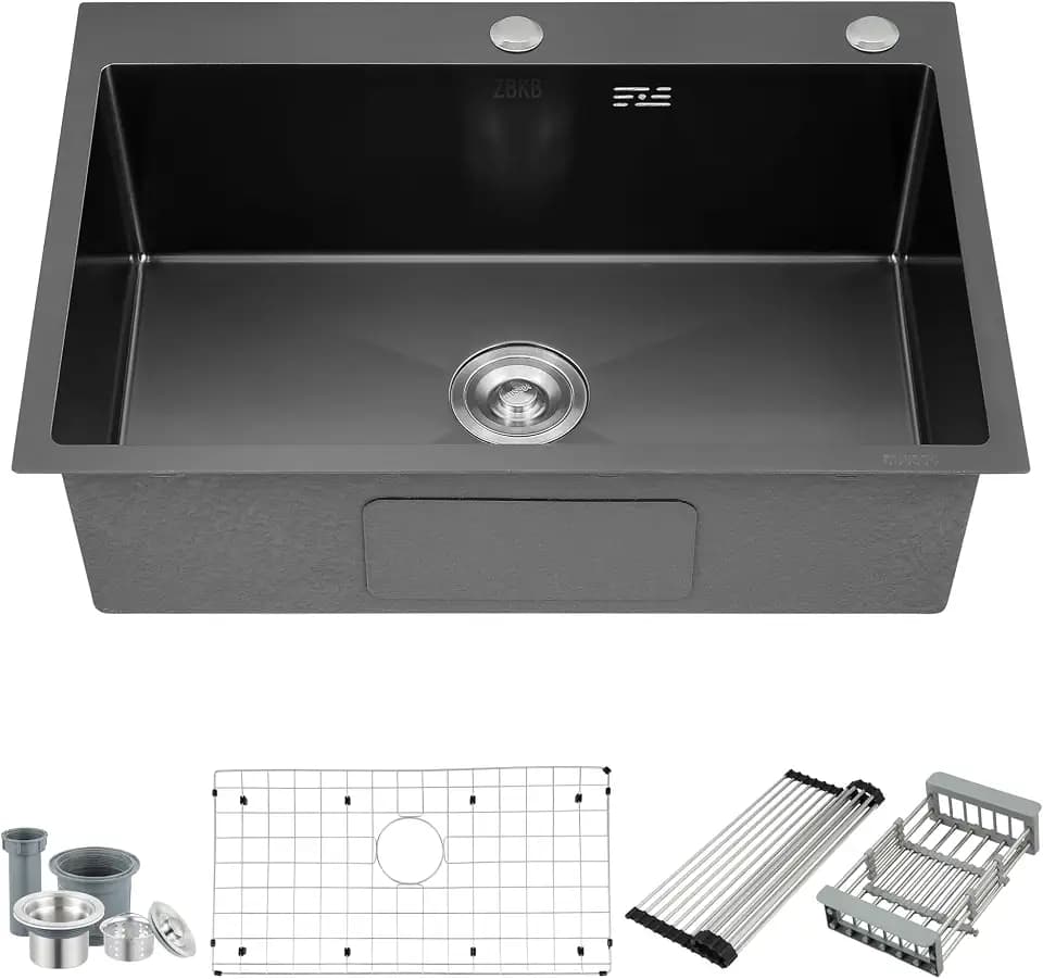 28 Inch Drop in Kitchen Sink with Overflow Gunmetal Black, 16 Gauge Stainless Steel Single Bowl Topmount Kitchen Sink, 9 Inch Deep Sink with Dish Grid, Roll Drainer and Basket Strainer
