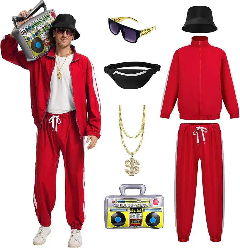 80s 90s Outfit for Men Retro Tracksuit Hip Hop Costume Accessories Set for Halloween Themed Party