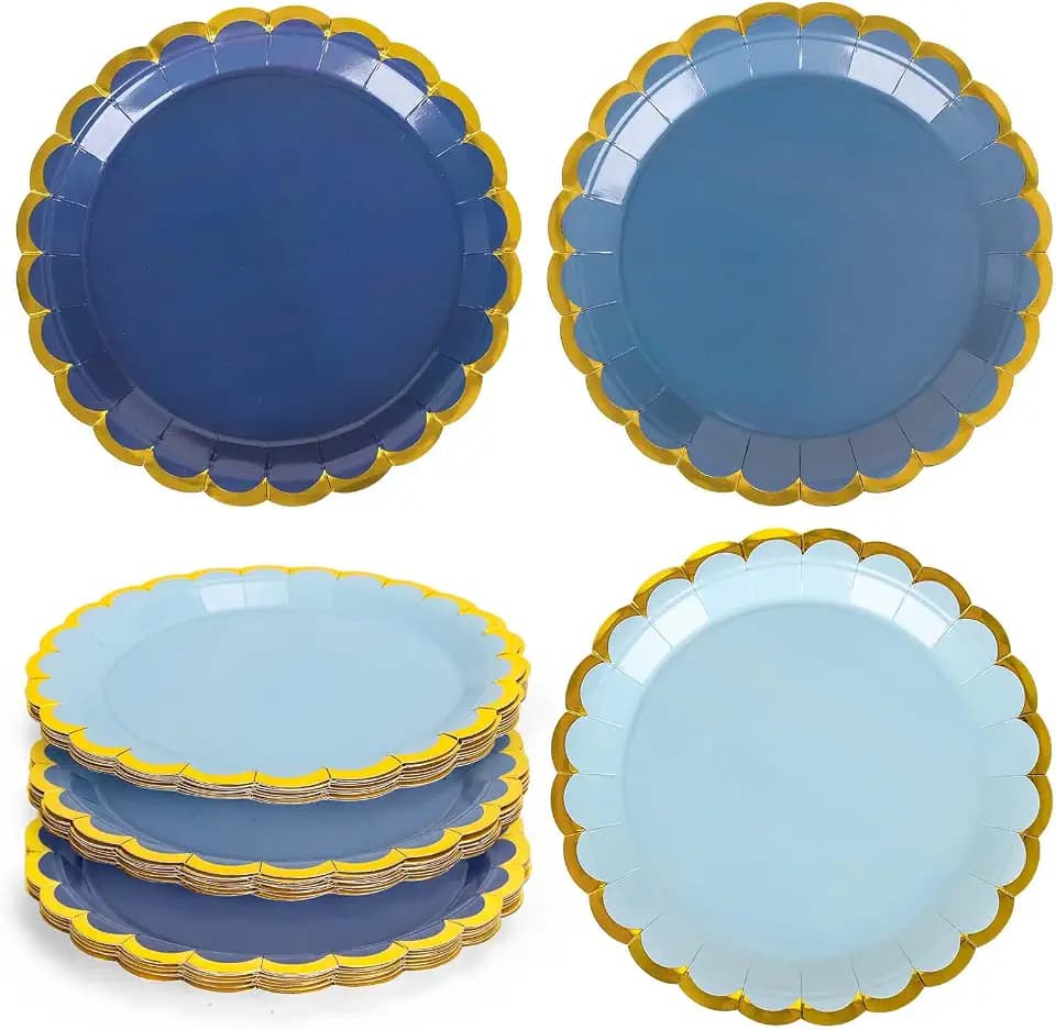 Whaline 30Pcs Dusty Blue Paper Plates Gold Foil Scalloped Border Disposable Plates 3 Colors Gradient Blue Dessert Plate for Birthday Baby Shower Party Table Supplies, 9 Inch
