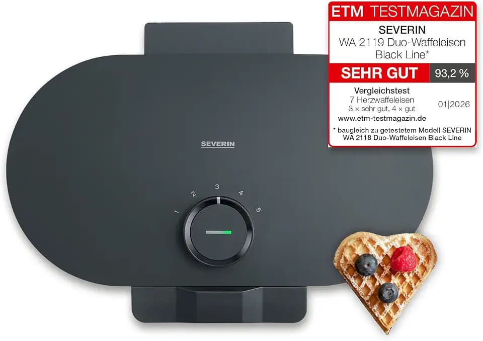 SEVERIN Duo-Waffeleisen Black Line, Doppelwaffeleisen für Herzwaffeln, PFAS-freie Beschichtung, mit Kontrollleuchte, praktische Kabelaufwicklung, 1.200 Watt, schwarz-matt, WA 2119