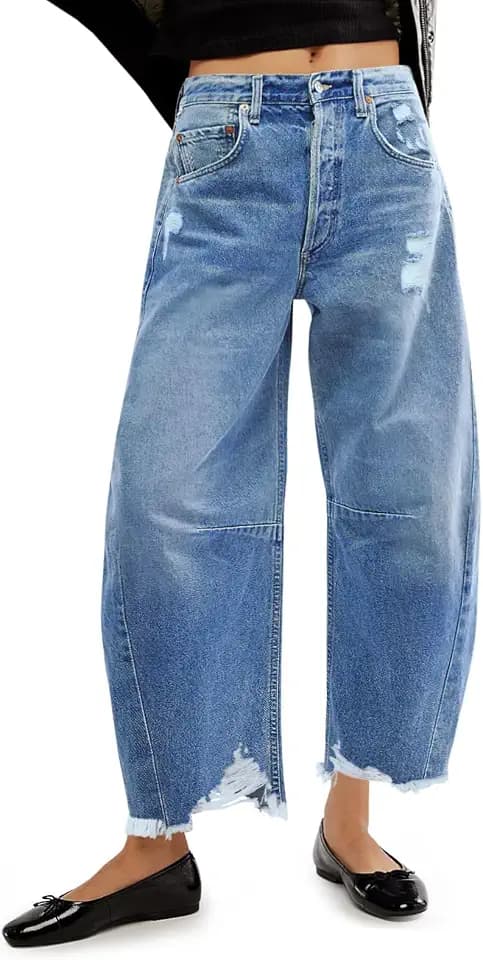 Allimy Damen-Jeans mit hoher Taille, Hufeisen, Baggy-Jeans, trendig 2026, mit rohem Saum, nicht dehnbar