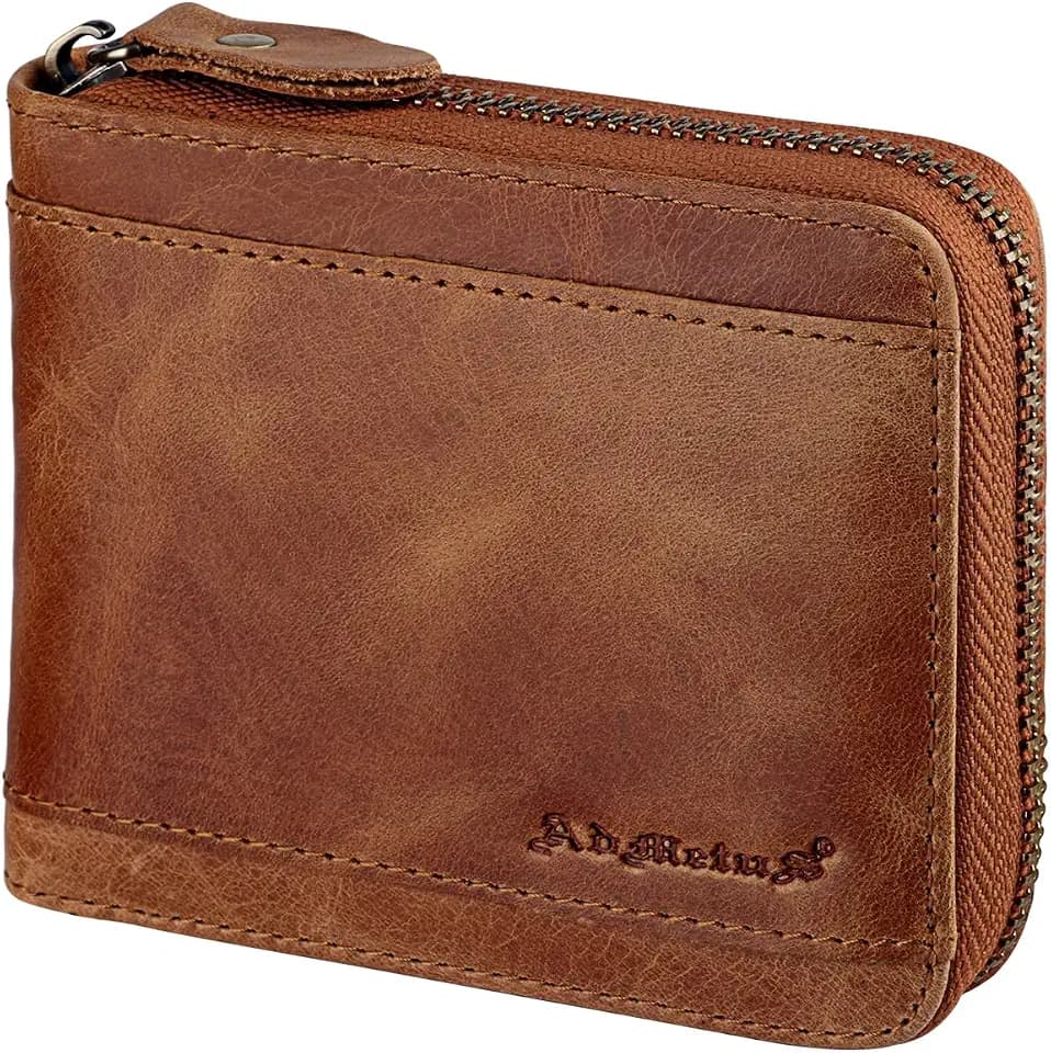 Admetus Mens Zipper Wallet Leather Zip Bifold RFID Blocking Card Holder