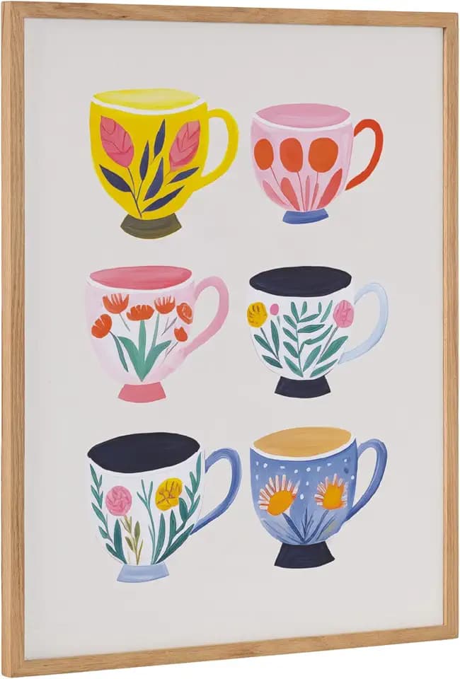 Kate and Laurel Botanical Coffee Shop Tea Cups Framed Wall Art by The Creative Bunch Studio; 16x20 Natural; Cute Coffee Mug Art for Wall
