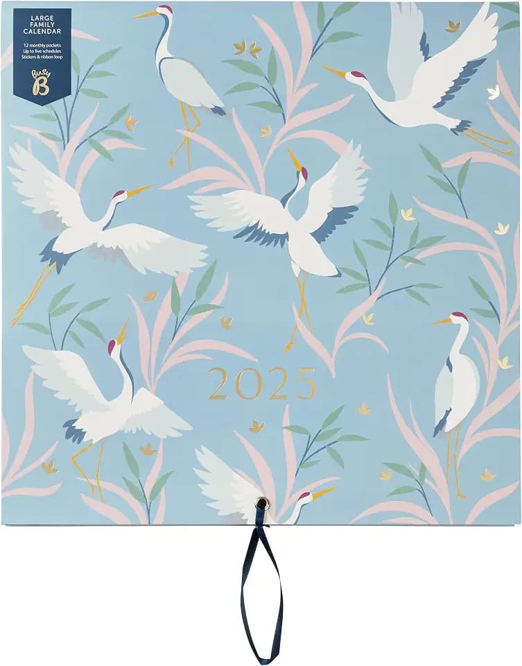Busy B - Großer Familien-Wandkalender 2025 - Blaue Vögel Design mit 5 Spalten & Aufbewahrungstaschen - Monatskalender 2025 für vielbeschäftigte Familien mit farbcodierten Stickern - 30,5 x 30,5 cm