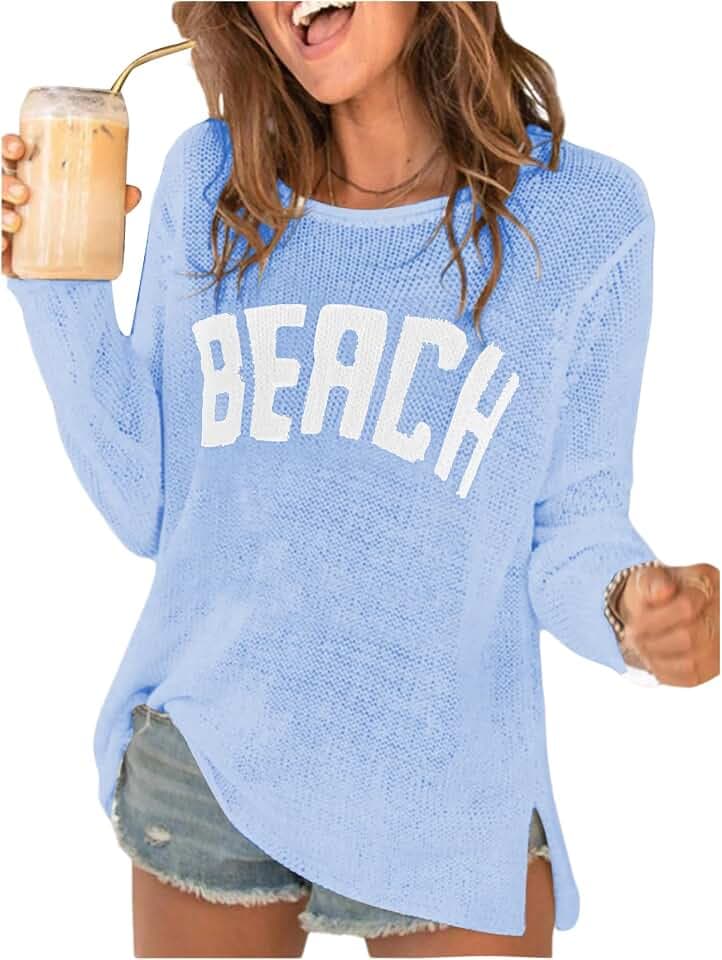 COZYEASE Women's Beach Cover Up Letter Print Long Sleeve Crochet Sweater