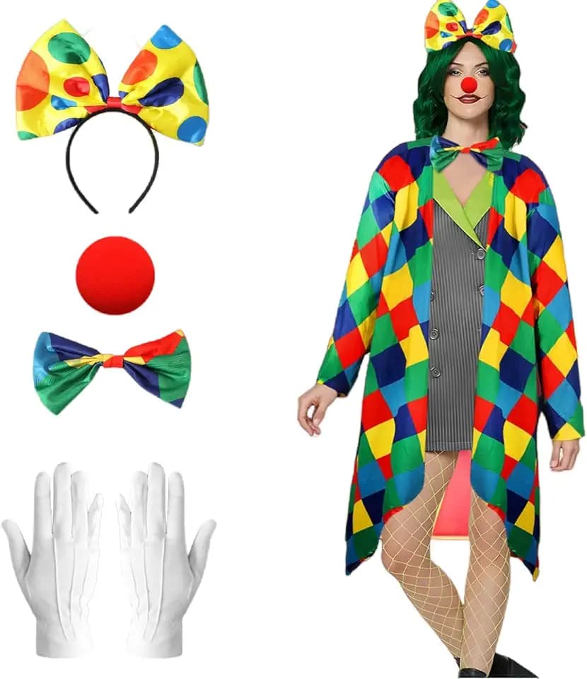 Zirkus-Clown-Kostüm für Damen, Clown-Kostüm, kariert, Jacke, Krawatte, Schleife, Stirnband, Nasenhandschuhe, Zirkus-Clown-Kostüm für Halloween-Party, 5 Stück