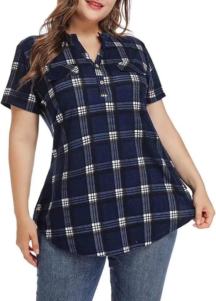MONNURO Womens Plus Size Tops Button Down Tunic Plaid Shirts Casual Blouses