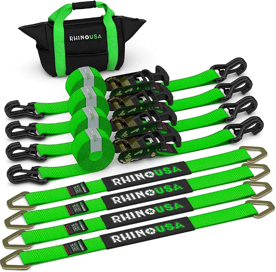 Rhino USA Car Hauler Tie Down Straps (4-Pack) - 2inx8ft with J Hooks