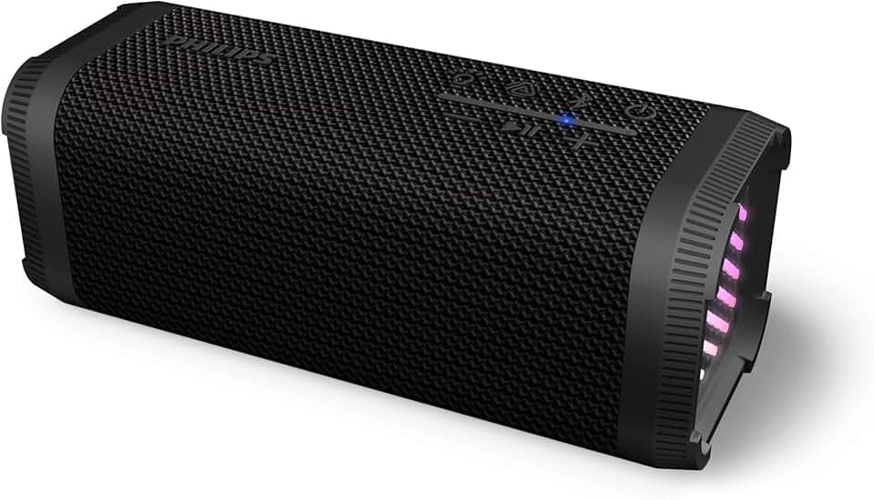 PHILIPS TAS2000B kabellose Bluetooth-Lautsprecher mit LED-Lichtshow, 20 W Bass+, Auracast, 20 Std. Wiedergabezeit, nach IPX5 spritzwassergeschützt, USB-Wiedergabe, Mikrofon, App-Steuerung – Schwarz