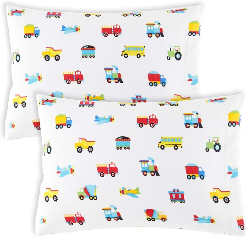 Wildkin Kids 2-Pack Pillowcases – 100% Organic Cotton Flannel, Soft & Breathable - Trains, Planes & Trucks