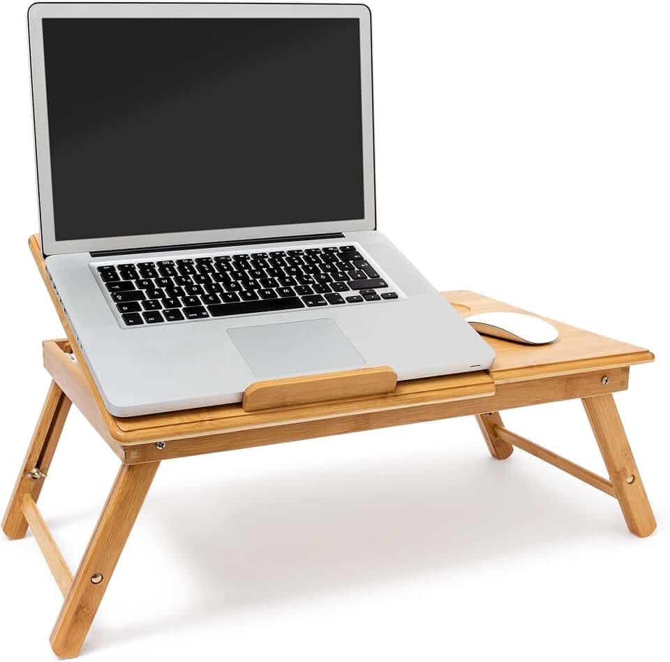 Relaxdays Betttablett Bambus höhenverstellbar HBT 30,5 x 72,5 x 35 cm Laptop Tisch für Notebook mit Leseklappe als Laptopständer klappbar mit Ablage für Maus und Bücher als Notebookständer, natur