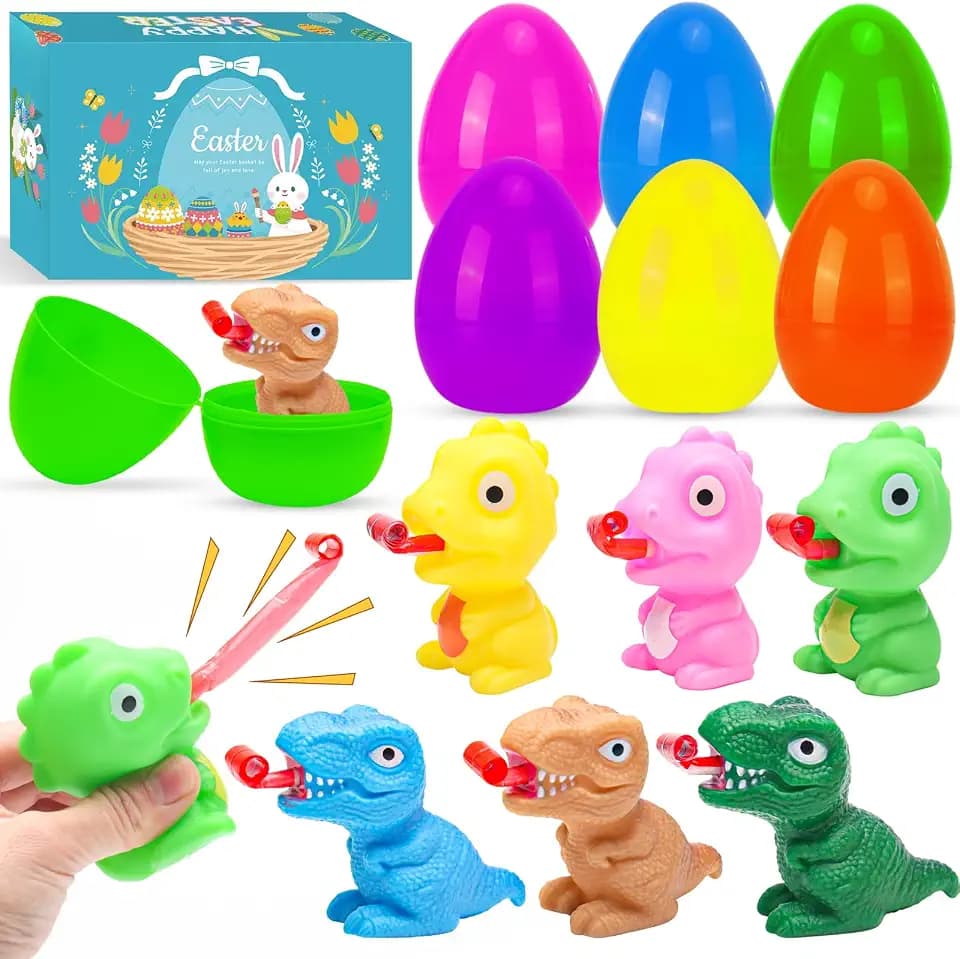 Easter Dinosaur Toys for Kids, 6 Pack Filled Easter Egg with Dinosaur Tongue Out Squeeze Toys, Funny Novelty Toys for Boys & Girls,Perfect for Easter Hunt,Basket Stuffers & Party Favors