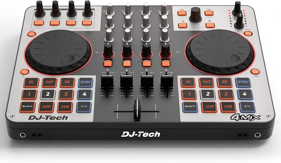 DJ Tech DJ Controller, USB MIDI 4-Deck Control with Integrated Soundcard, 4-Channel Mixer with EQ & Filters, Illuminated Performance Pads, FX Controls, Deck Select Buttons, VirtualDJ LE Included