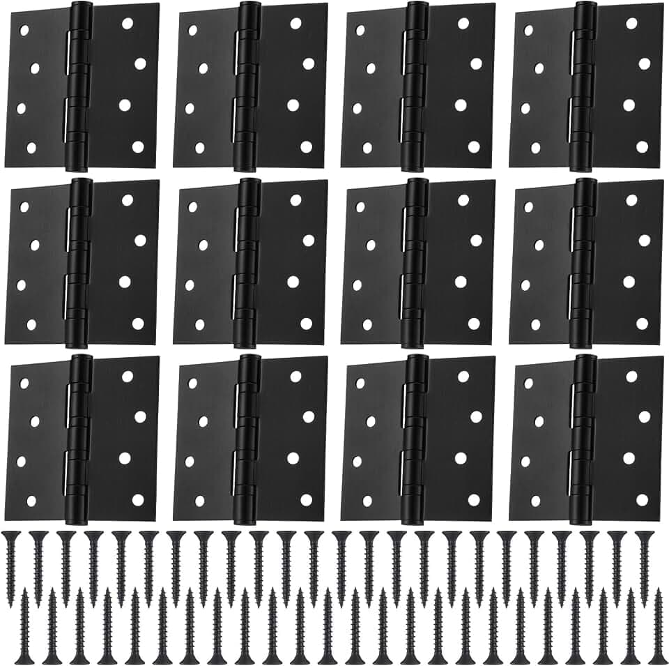 12 Pack Black 4'' Ball Bearing Door Hinges, 4 x 4 Inch Exterior Door Hinge