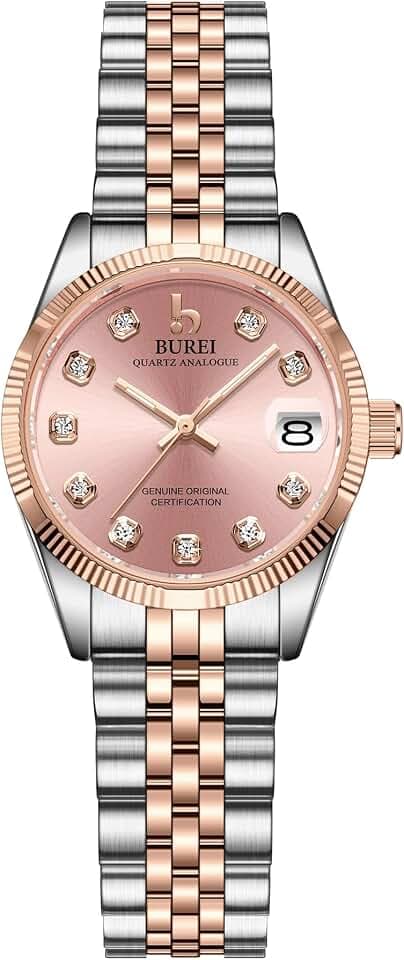 BUREI 36MM Fashion Women Watch Silver Stainless Steel Wrist Watch Analog Quartz Watches with Calendar