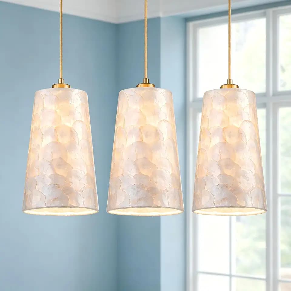 LumFurn 3-Pack 1-Light Capiz Shell Chandelier, Coastal Design Pendant Light Fixture for Dining Room, Kitchen Island, D7xH18~66"(Adjustable Height), Shell Lampshade & Gold Finish