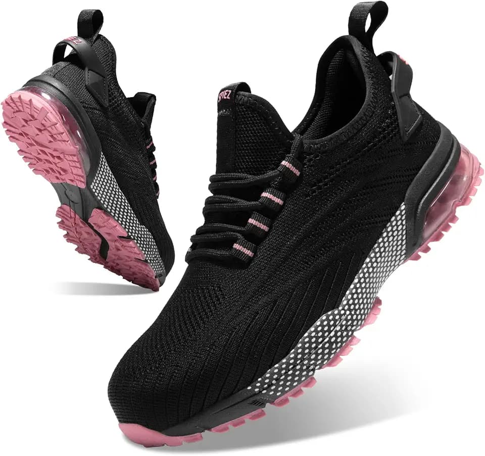 SPIEZ Composite Toe Safety Shoes for Women,Breathable Lightweight Non Slip Work Shoes,Air Cushion Safety Sneakers for Daily Casual Wear and Various Harsh Environments Black-Pink（4.5-10）