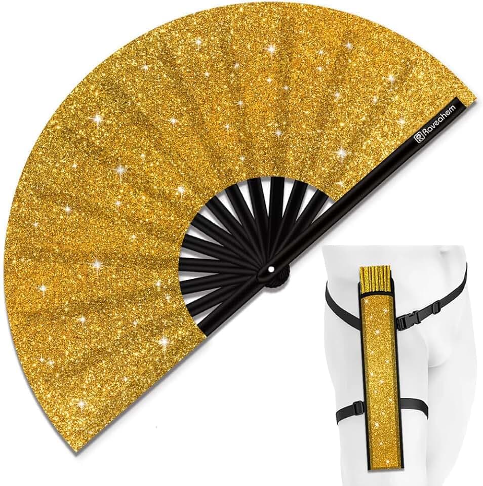 Glitter Large Rave Folding Clack Hand Fan with Holster, Popping Handheld Fan Foldable for Men Women for EDM Festival Club Party Dance, (Golden, Large 13")