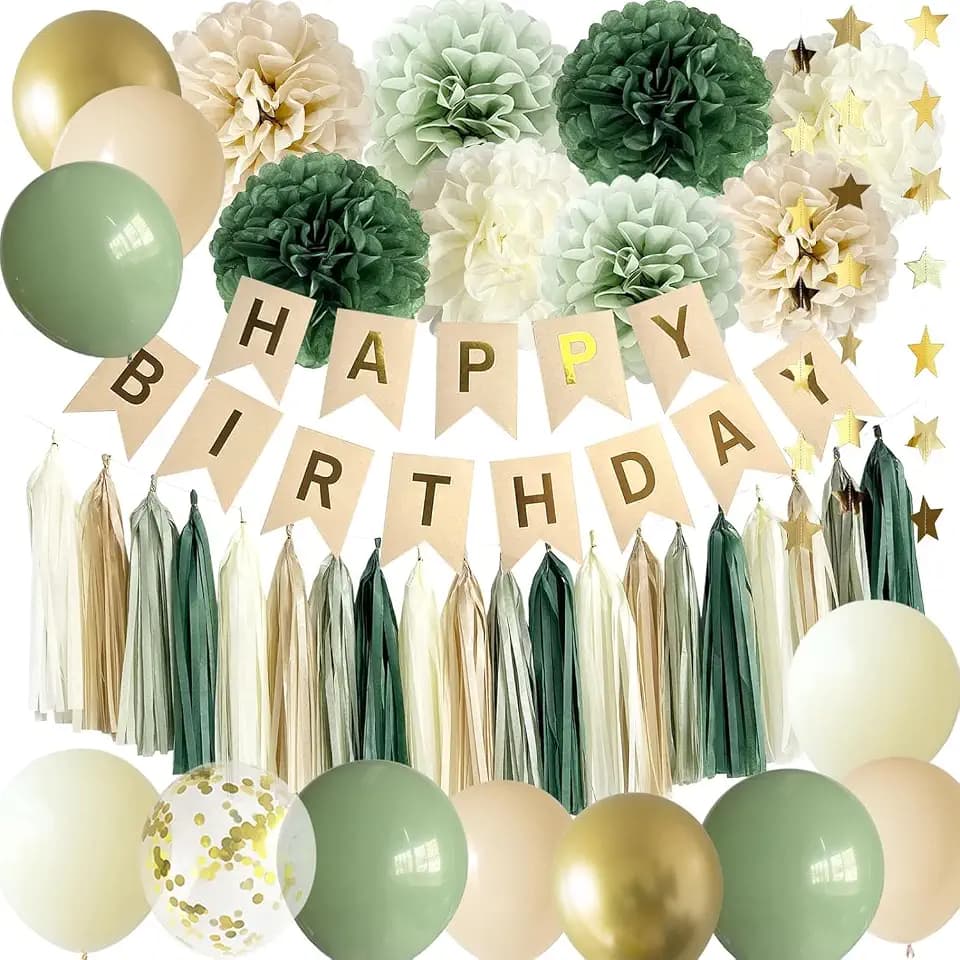 Acidea Geburtstagsdeko Grün Gold, Deko Geburtstag Mädchen,Dschungel Kindergeburtstag Deko Avocado Grüne Gold Luftballons, Happy Birthday Banner Eukalyptusblätter Babyparty Deko