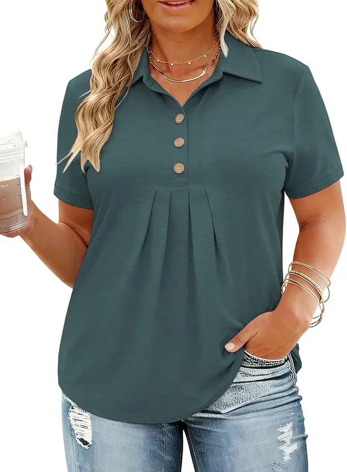 VOGRACE Womens-Plus-Size-Summer-Tops Dressy Polo V Neck Shirts Collared Short Sleeve Blouses Pleated Cute Button Down Tunics