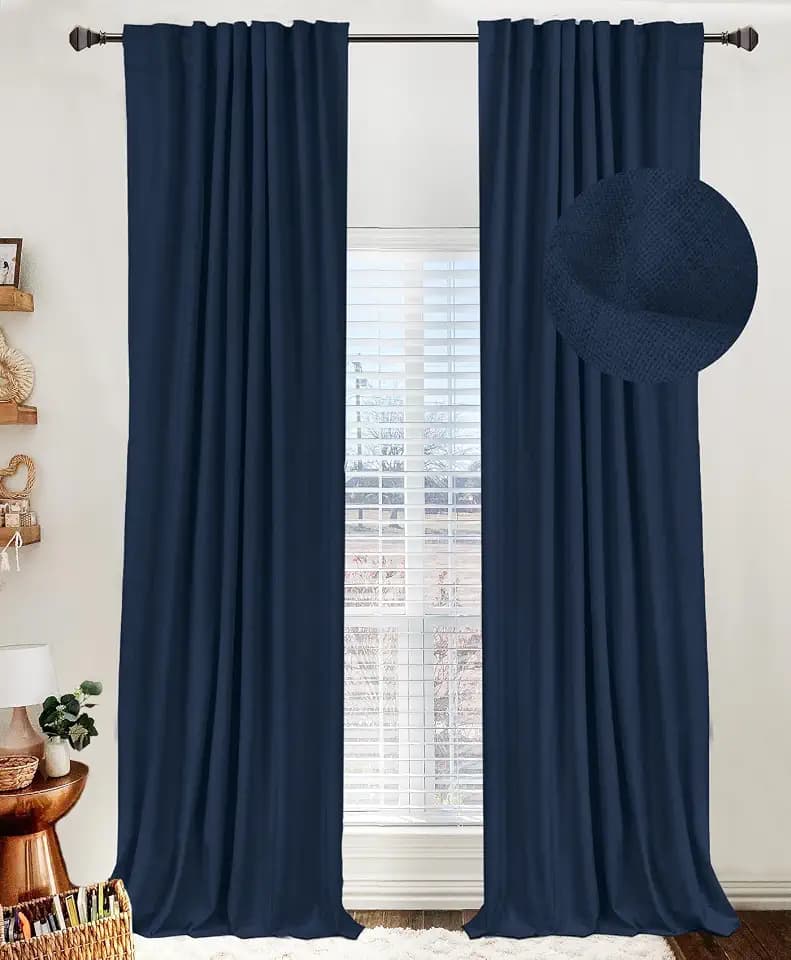 Faux Linen Total Blackout Curtains for Bedroom 102 Inch Long Midnight Blue