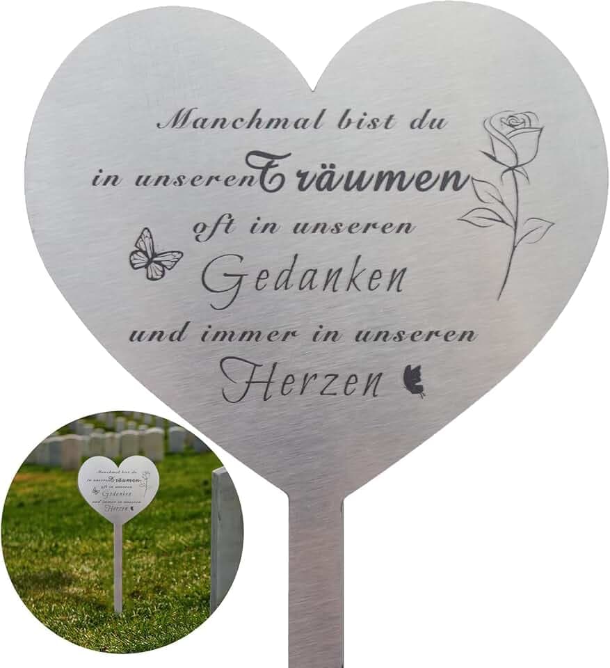 Grabstecker Edelstahl Herz, Grabschmuck Wetterfest, Grabdekoration mit Spruch du Manchmal Bist du in Unseren Träumen, Oft in Unseren Gedanken und Immer in Unseren Herzen -für Gärten Höfe