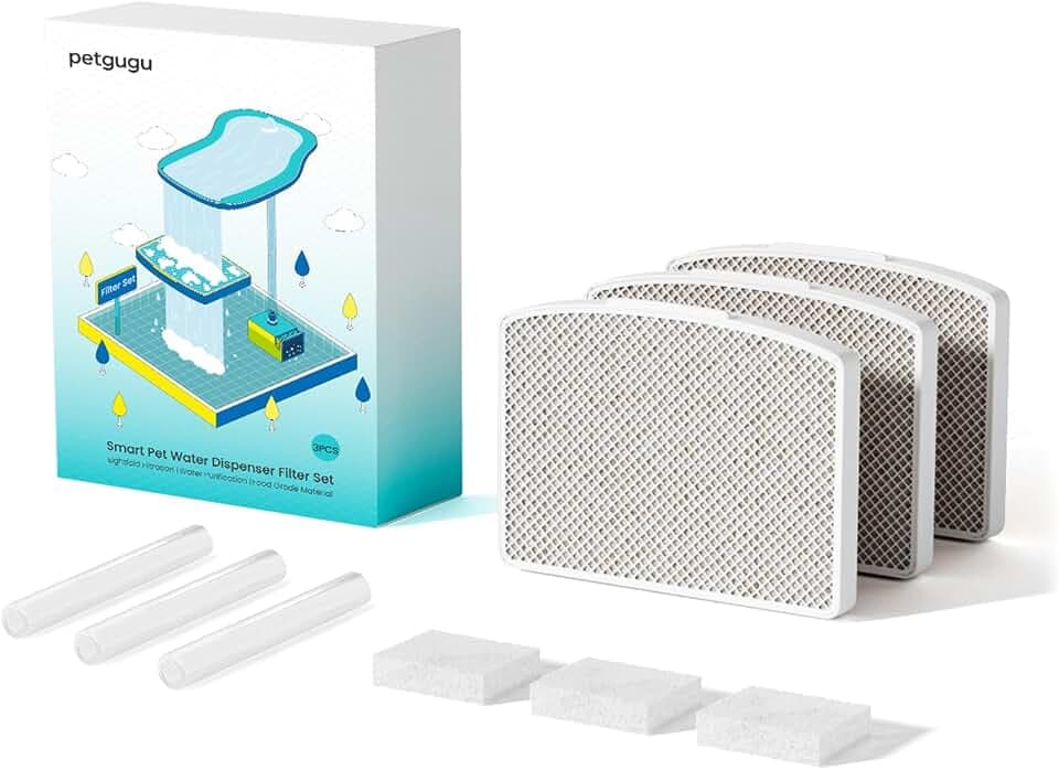 PETGUGU Filter Katzenbrunnen 3er Pack für Trinkbrunnen für Katze PF1, PF1L, 8-Stufiges Filtersystem, Aktivkohle Trinkbrunnen Filter, 3-Monats-Set Ersatzfilter für Katzentrinkbrunnen