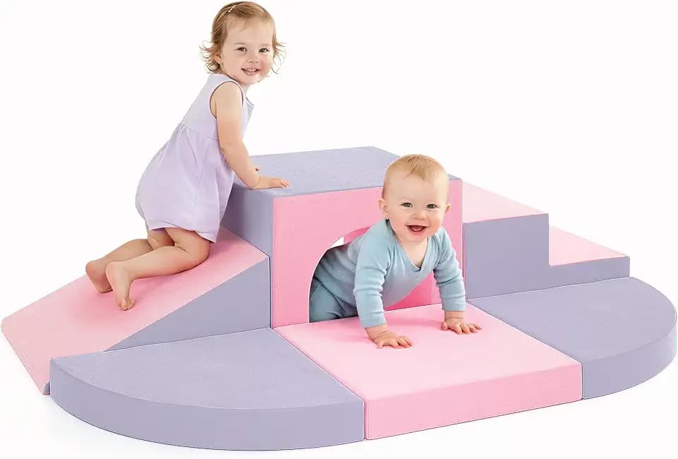 6-Piece Foam Climbing Blocks for Toddlers, Climbing Toys Indoor for Crawling, Climbing and Sliding, Baby Soft Play Set, Pink & Purple