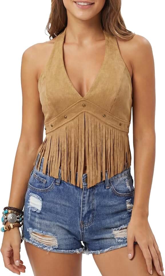 Maeau Damen Faux Wildleder Neckholder Tops Sexy Crop Top Western Y2K Tops 70er Jahre Fransen Westen Sommer Tank Top Cropped Quaste Ärmellose Weste XS-L