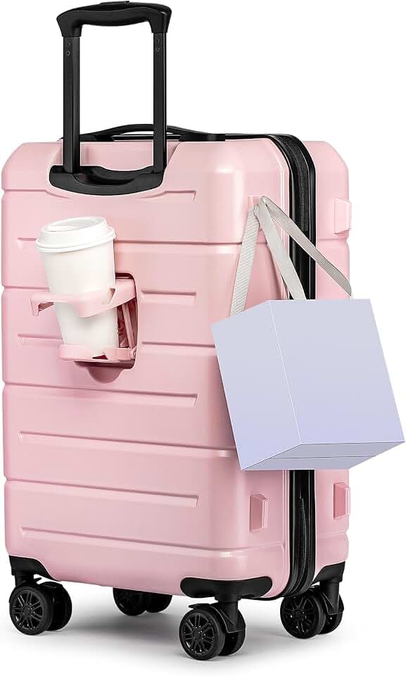 KYME Carry On Luggage 22x14x9 Airline Approved Hardshell Carry On Suitcases with Wheels Travel Rolling 20 Inch Luggage with Cup Holder for Women,Carry-on Pink