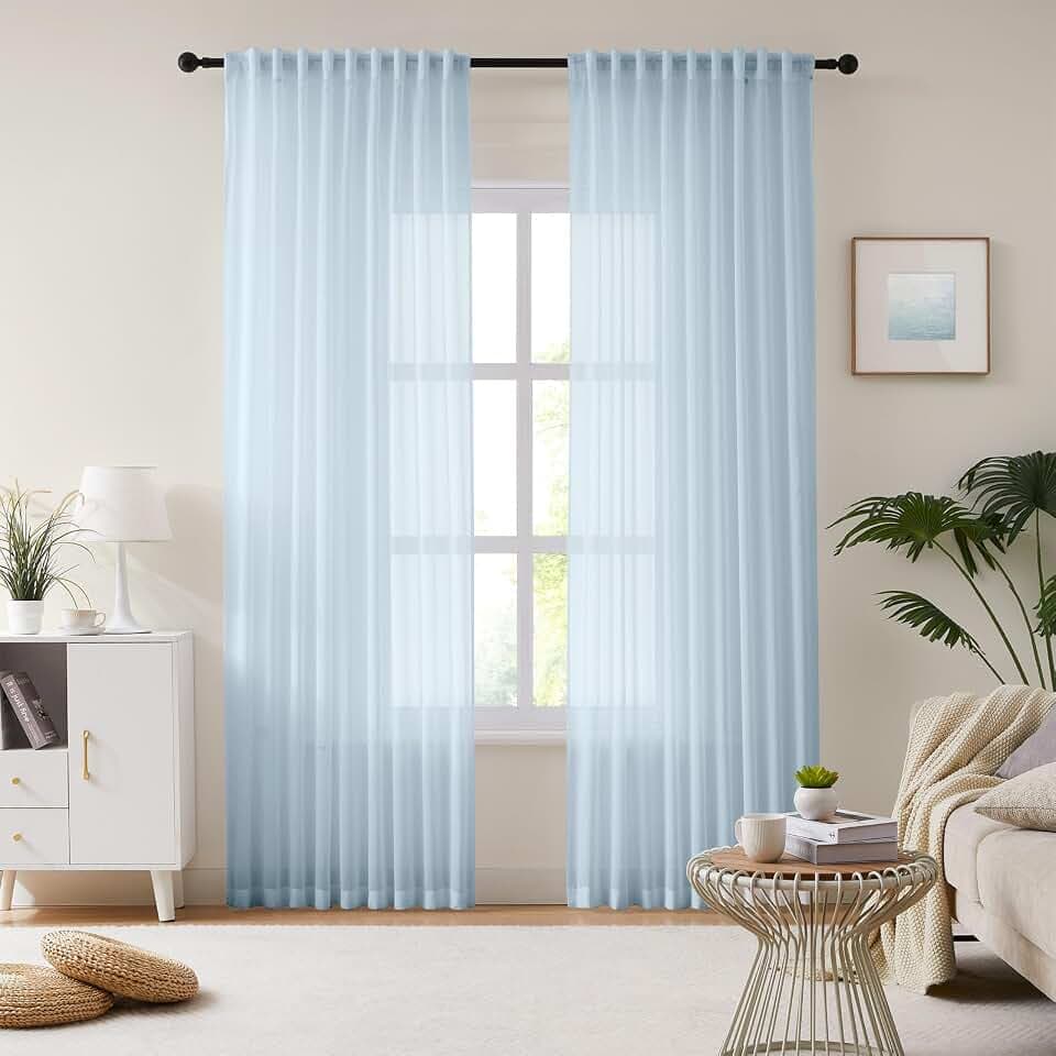 Melodieux Voile Gardinen für Schienensystem, Wohnzimmer Vorhänge Transparent Himmelblau, 245×137cm (H×B) 2er Set