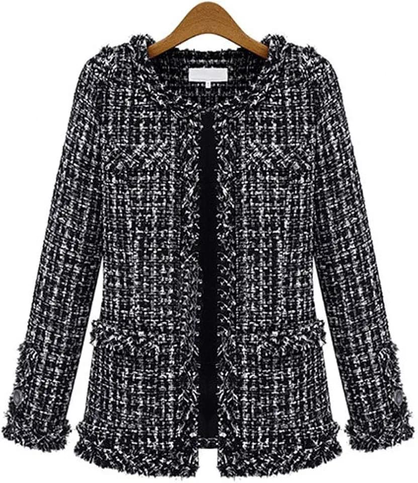 ebossy Women's Elegant Open Front Round Neck Fringed Plaid Tweed Jacket