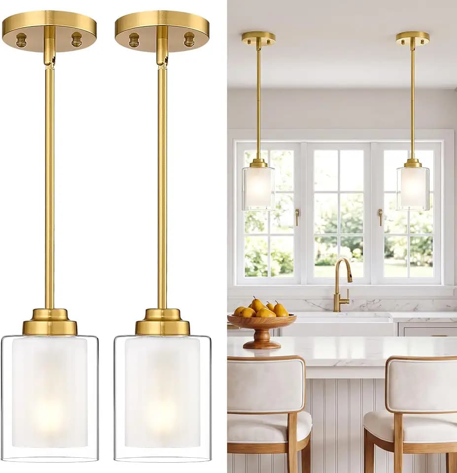 TENGXIN 2 Pack Brushed Gold Pendant Lights Kitchen Island, Dual Glass Shade