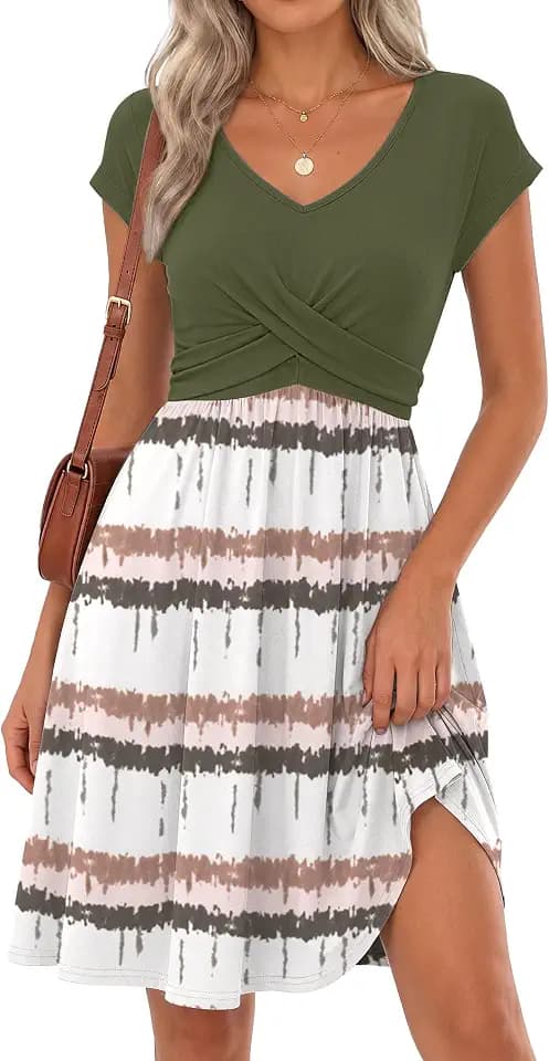 SAUKOLE Dresses for Women Trendy Summer Twist Front V Neck Sundress Casual Short Sleeve Mini Dress