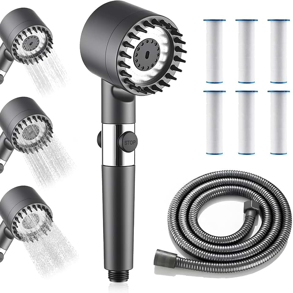 Duschkopf mit Schlauch 1.5M, Handbrause Hochdruck Duschkopf mit Filter, 3 Strahlarten Duschsparkopf, 7 Filterelemente, Universal Einstellbarer Brausekopf Dusche, sofortiger Stopp-Taste
