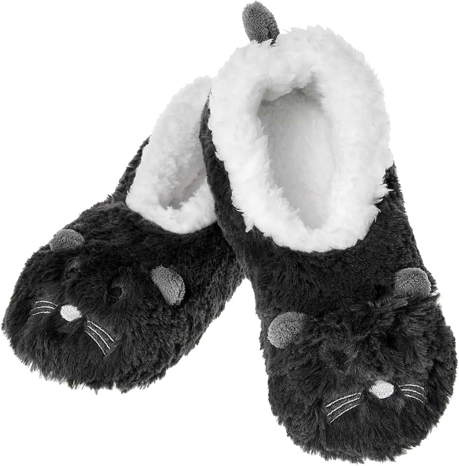 Snoozies! Sherpa-Fleece-Hausschuhe für Damen mit rutschfester Sohle, pelzige Fußfreunde, Tierdesigns, schwarze Katze, Hund, Maus oder rosa Schwein