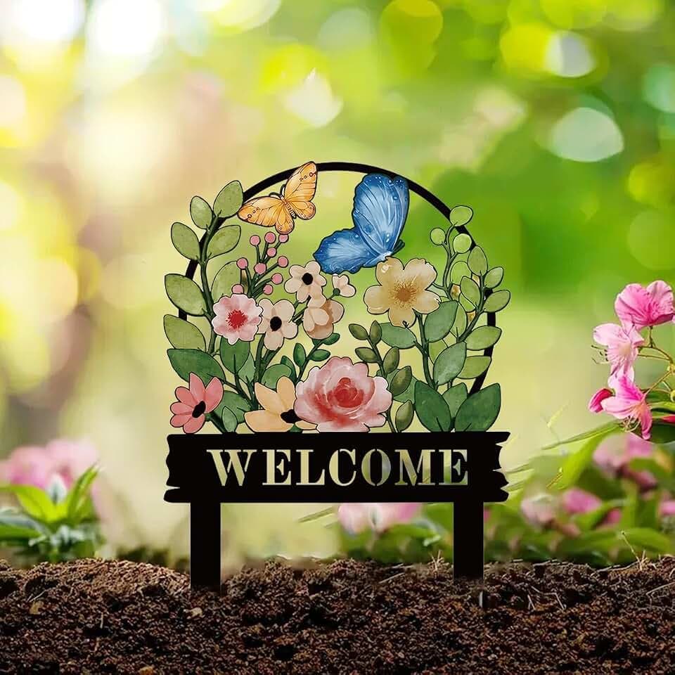 GAIETY Decorative Garden Stakes with Butterfly and Flowers, Welcome Yard Sign, Metal Arrangement Ornaments for Courtyard Lawn, Rusty Outdoor Decorations for Easter Housewarming (B)