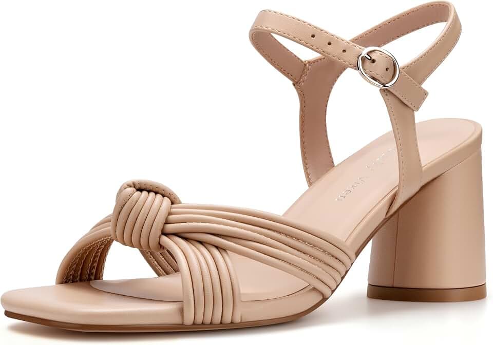 Women's Square Toe Strappy Braided Knotted Heeled Sandals Ankle Buckle Chunky Heel