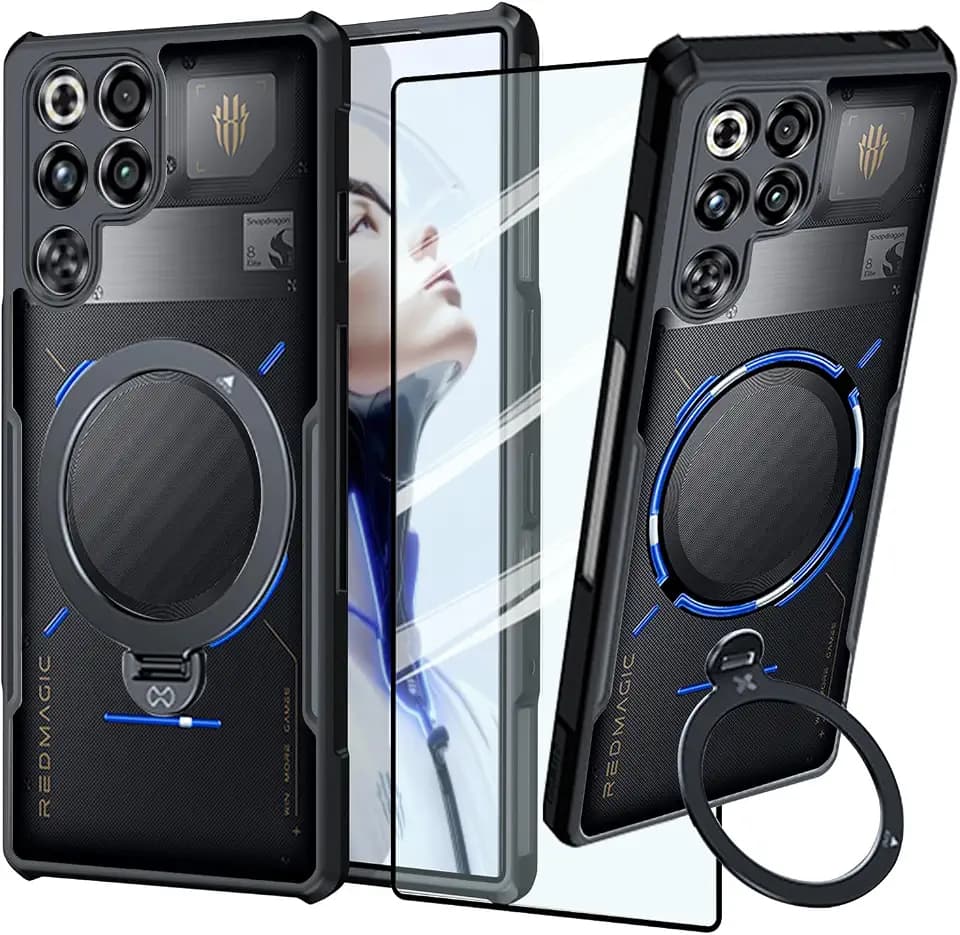 Gaming Case for Red Magic 11 Pro/11S Pro/11 Pro+/11S Pro+ Case with Ring Stand Holder, Military Grade Airbags Shockproof Drop Protection Soft TPU + Hard PC Back Cover [1 Tempered Film], Stand Black