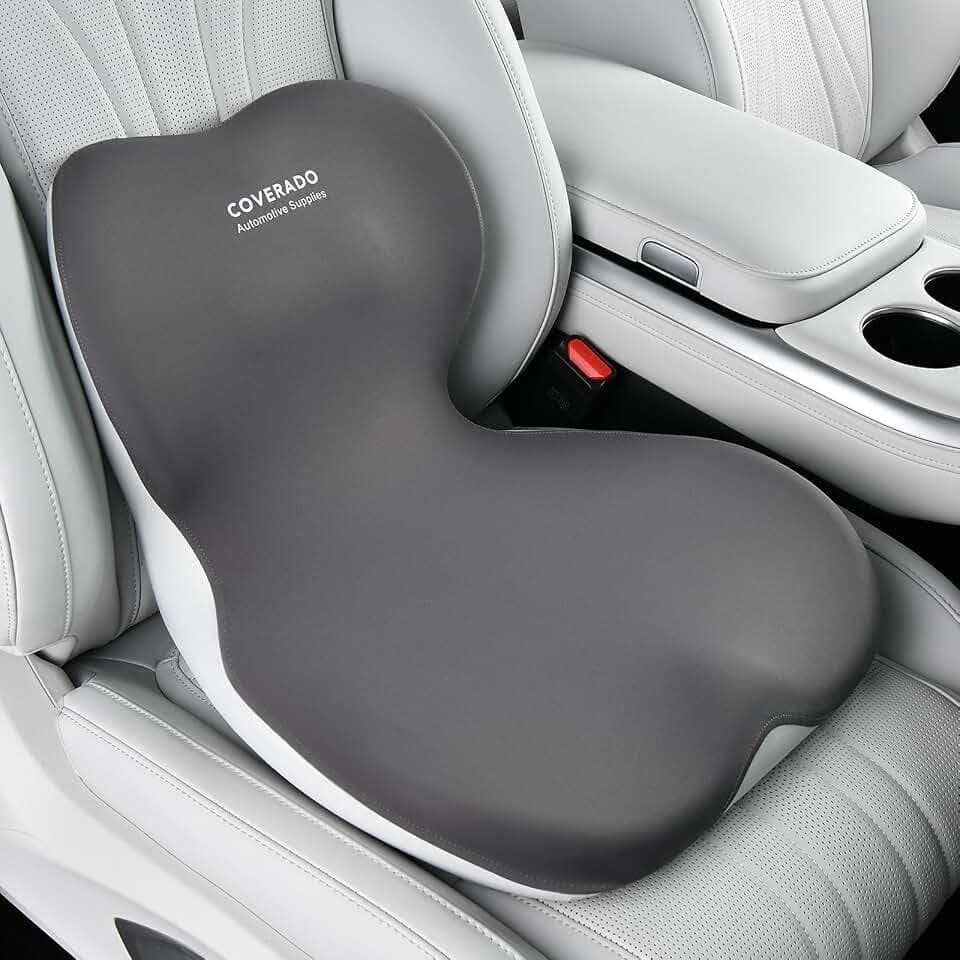 Coverado Seat Cushion and Lumbar Support Pillow One Piece for Car Office Chair, Ergonomic Memory Foam Desk Chair Cushion Back Support Pillow, Sciatica & Back & Tailbone Pain Relief Cushion-Gray