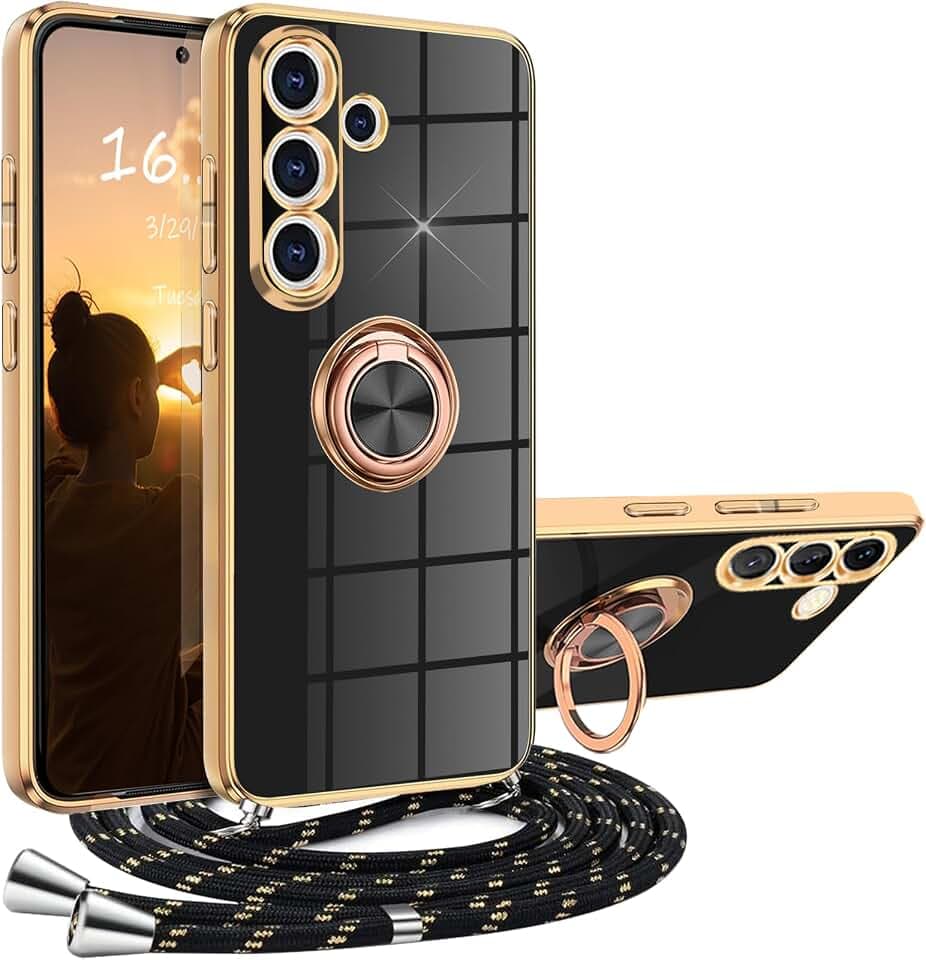 Schutzhülle für Samsung Galaxy S24 mit Kordel, Schutzhülle für Samsung S24, mit Halskette, Silikon, 360 °, magnetisch, stoßfest, Handyhülle, mit Halterung
