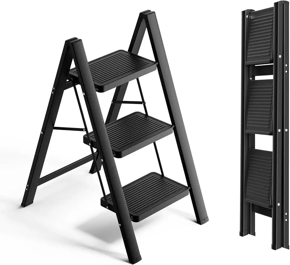 SOLADDER 3 Step Ladder, Folding Step Stool, Lightweight Stepladder, Black