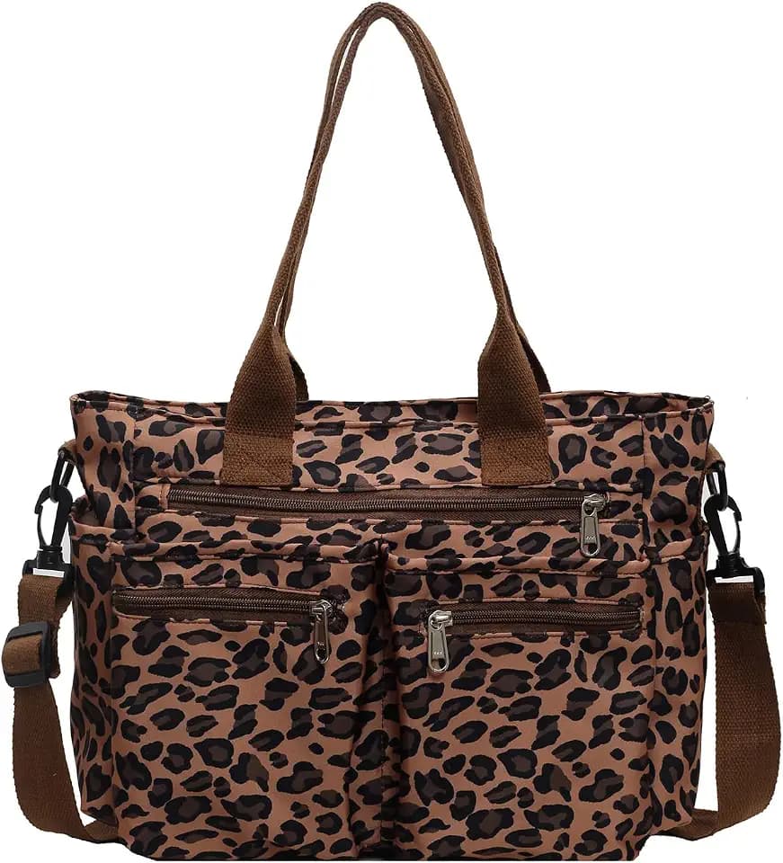 Leopard Print Tote Bag for Women Everyday Work Cheetah Tote Canvas Shoulder Bag with Multiple Pockets for Travel Daily Use