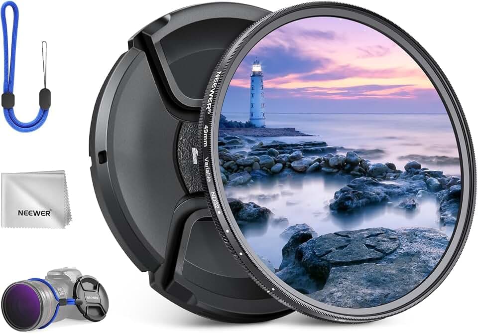 NEEWER 49mm ND2-32 (1-5 Stops) Variabler ND Filter Graufilter mit Objektivdeckel Reinigungstuch, Präzise Einstellung der Neutraldichte, mehrfach beschichtetes optisches Glas, Kamera Fotografie Zubehör