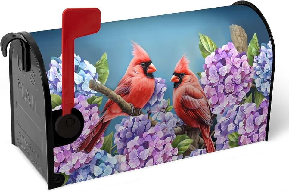 Spring Mailbox Covers Magnetic Oversized Cardinal Hydrangea Mailbox Post Cover Summer Flowers Bird Mailbox Wrap Colorful Floral Mailboxs Waterproof for Garden Yard Large Size 25.5x21 Inch
