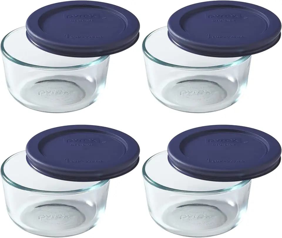 Pyrex 7202 (1-Cup) Glass Bowl with Dark Blue Lid (4-Pack) - Made in USA