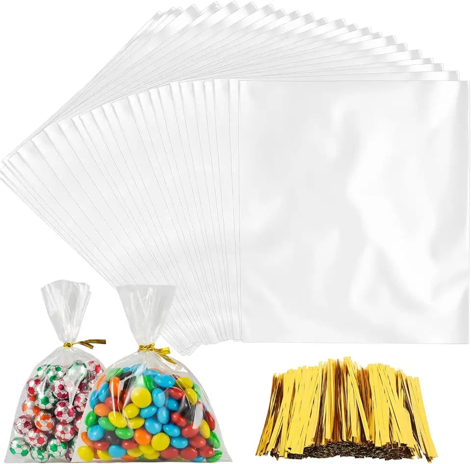 Woobroo 300 transparente Kunststoffbeutel, 15 x 10 cm, mit 300 goldfarbenen Verschlüssen, für Süßigkeiten, Kekse, Geschenke, ideal für Partys, Hochzeiten, Lebensmittelgeschäfte